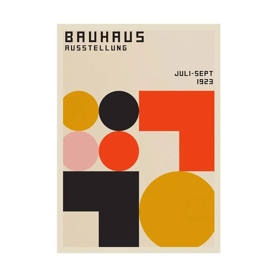 Bauhaus exhibition poster with geometric shapes on a beige background