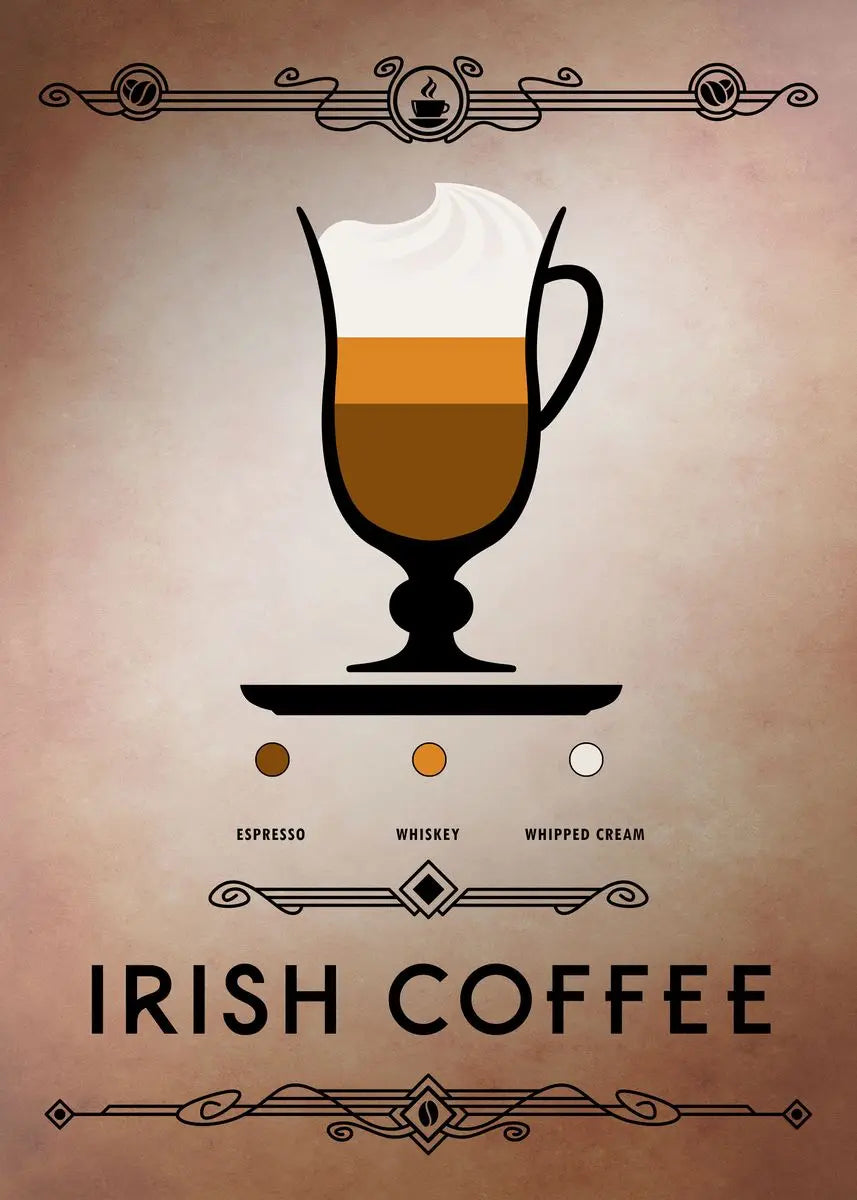 Illustration of an Irish coffee glass with layers and text on a beige background