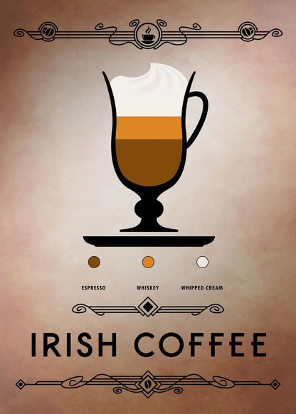 Illustration of an Irish coffee glass with layers and text on a beige background