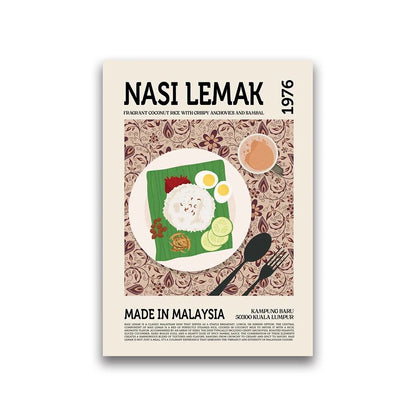 Poster of Nasi Lemak with a plate of food and text on a beige background