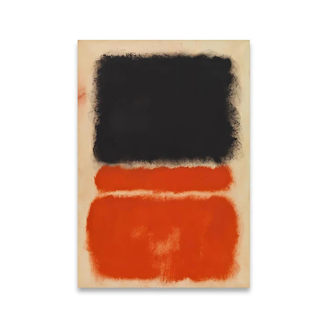 Abstract art piece with black and orange shapes on a beige background