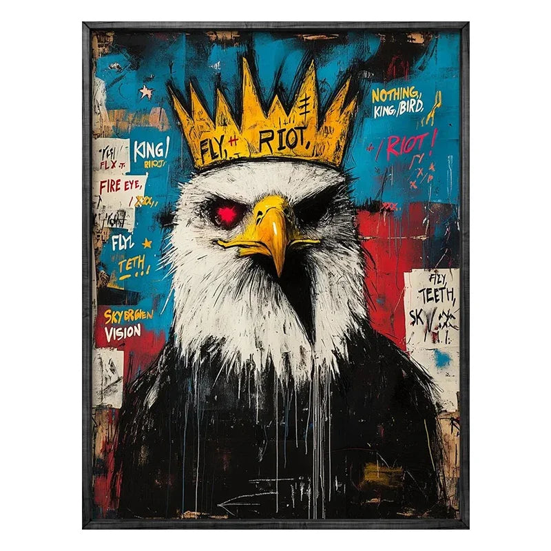 Artistic depiction of an eagle wearing a crown with text on a colorful background