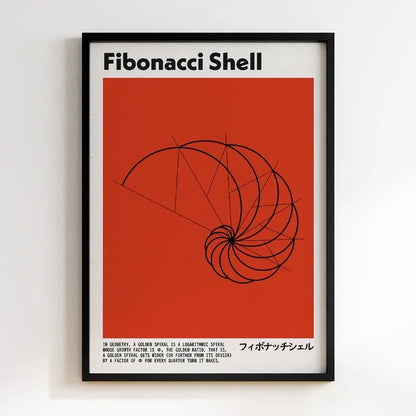 Fibonacci Shell poster with red background and black text on a white wall