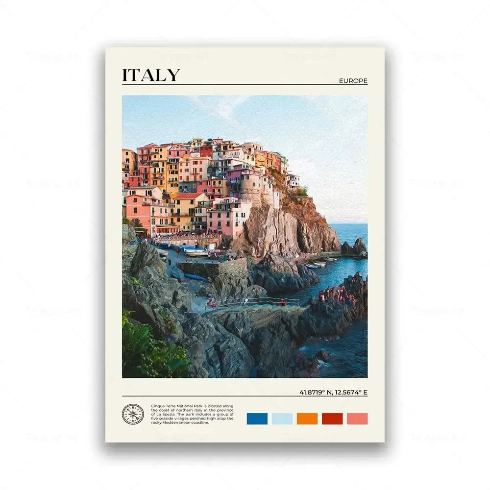 Framed artwork of a coastal town in Italy with a color swatch below.