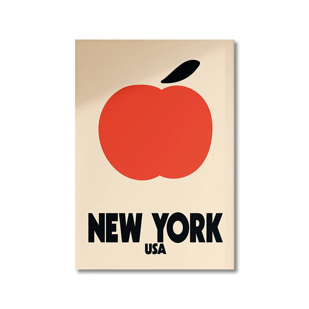 Poster with a red apple and 'New York USA' text on a beige background