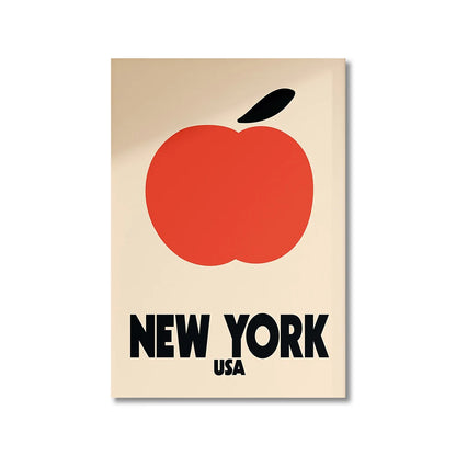 Poster with a red apple and 'New York USA' text on a beige background