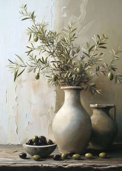 Vase with olive branches and olives on a wooden surface against a textured wall.