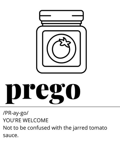 Jar of tomato sauce with 'prego' branding and humorous definition text on a white background