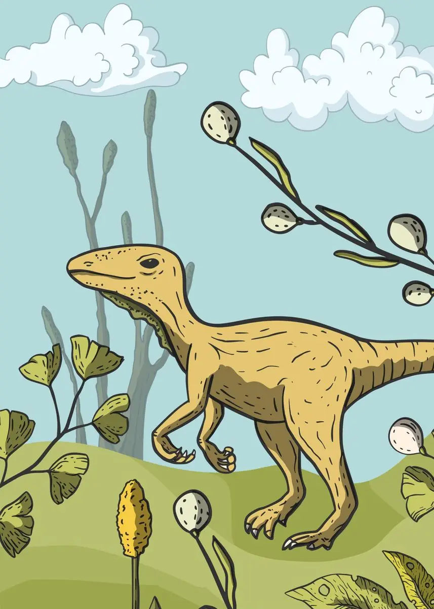 Illustration of a dinosaur in a prehistoric setting with plants and eggs.