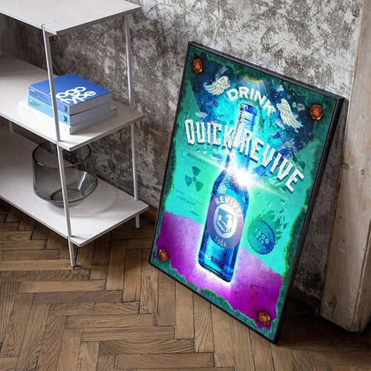 Decorative sign with 'Drink Quick Revive' text and bottle graphic on a textured wall. Canvas & Curio