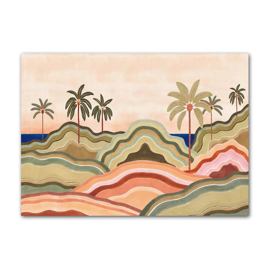 Colorful abstract landscape with palm trees and wavy patterns on a beige background