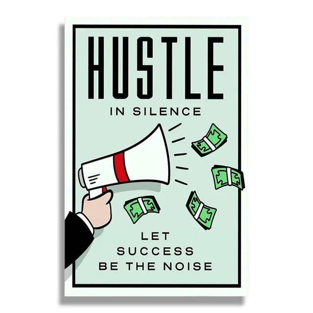 Motivational poster with a megaphone, money, and text on a light green background