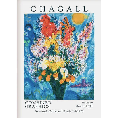 Poster for a Chagall exhibition with colorful floral arrangement and text.