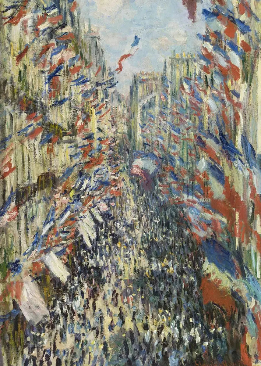 Painting of a street scene with people and colorful flags