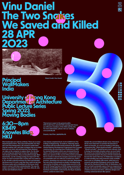 Promotional poster for an event featuring 'The Two Snakes We Saved and Killed' by Vinu Daniel, with text and abstract design elements.
