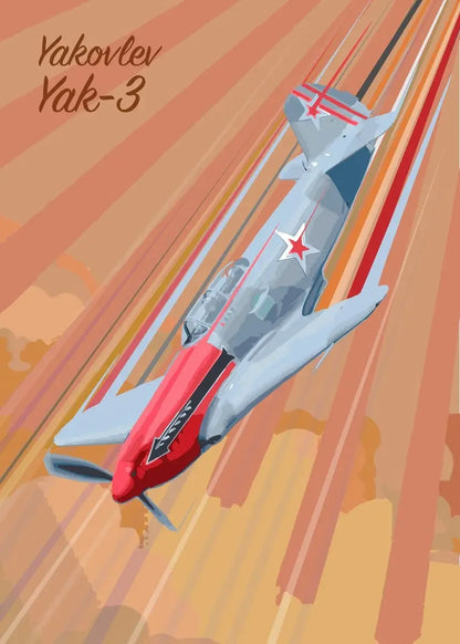 Yakovlev Yak-3 airplane illustration with a red star on an orange background