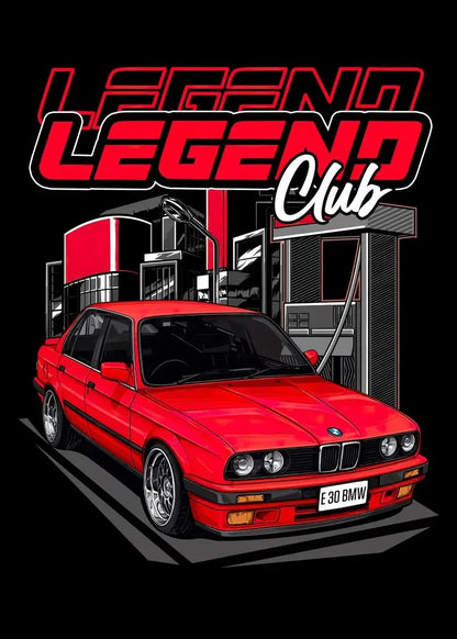 Red BMW car in front of a gas station with 'Legeno Legend Club' text.