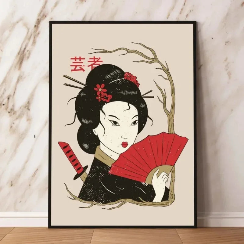 Framed artwork of a geisha holding a red fan against a beige background