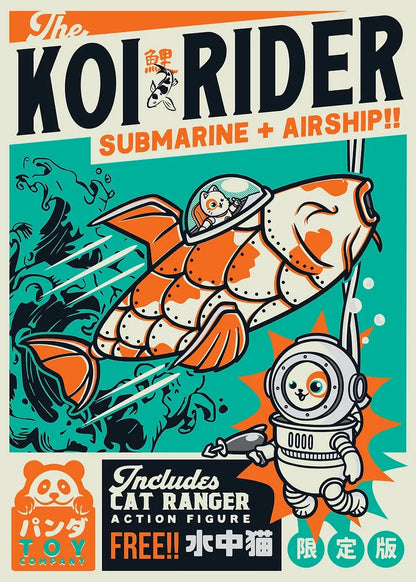 Poster for 'Koi Rider' with a stylized koi fish and astronaut, featuring the Panda Toy Company logo.