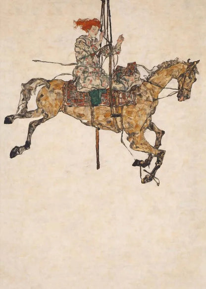 Artistic depiction of a person on horseback with a spear, on a textured beige background
