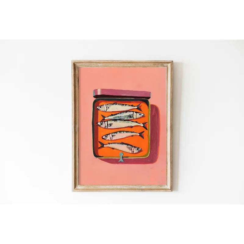 Framed artwork of a jar with sardines on a pink background