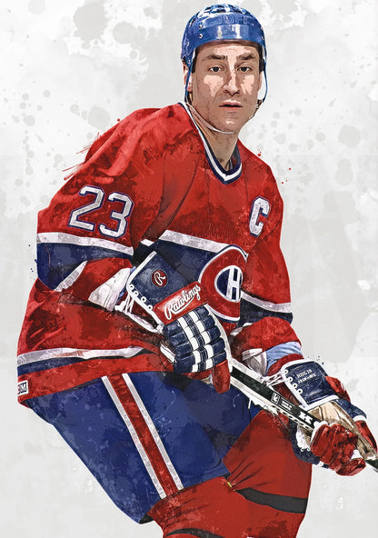 Hockey player in a red and blue uniform with the number 23 on a white background