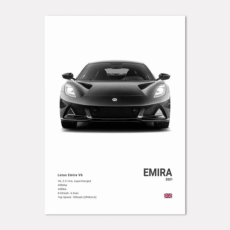 Lotus Emira car poster with specifications on a white background