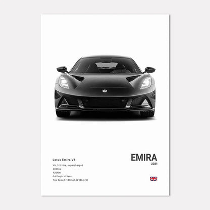 Lotus Emira car poster with specifications on a white background