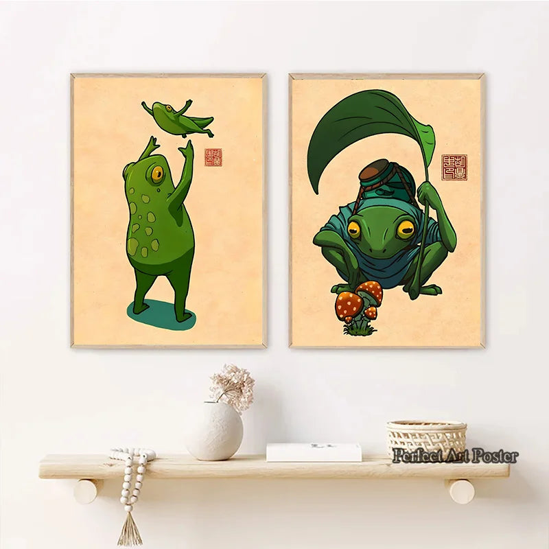 Two framed illustrations of green creatures on a beige background with a shelf below.