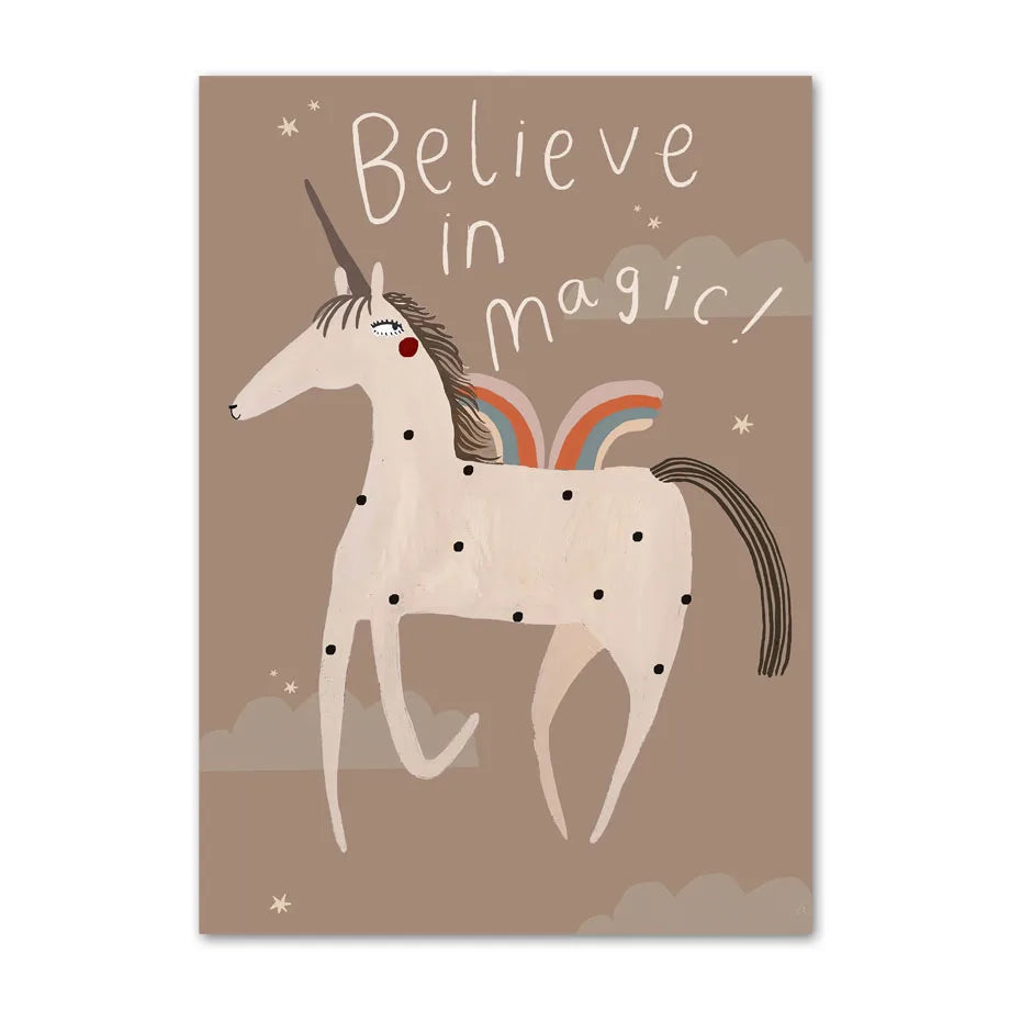 Poster with a unicorn and 'Believe in magic!' text on a brown background