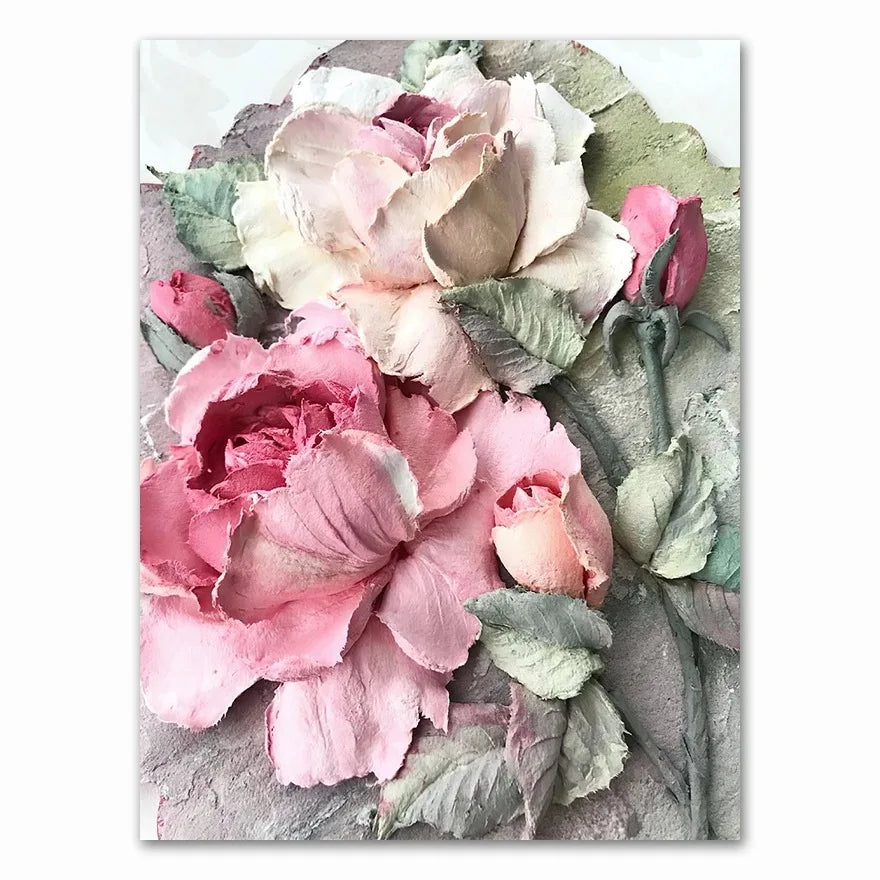 Floral arrangement with pink and green flowers on a textured background