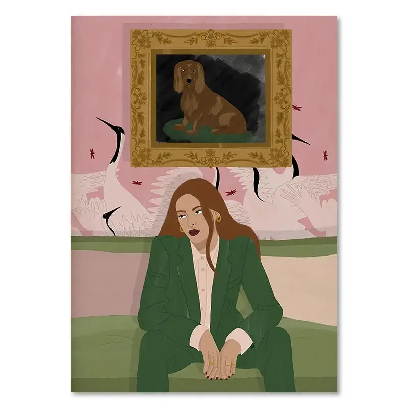 Illustration of a woman in a green suit sitting on a bench with a painting of a dog in a gold frame above her.