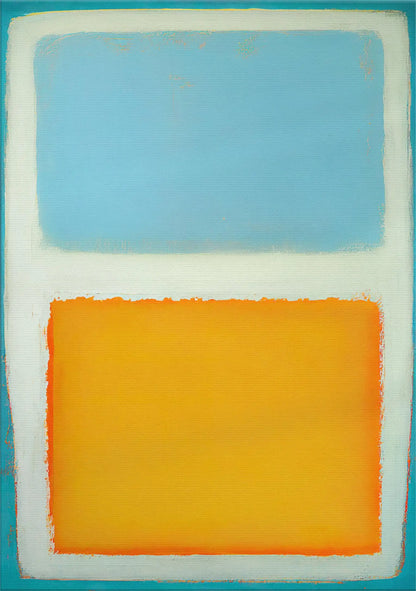 Abstract artwork with a blue and orange square on a white background