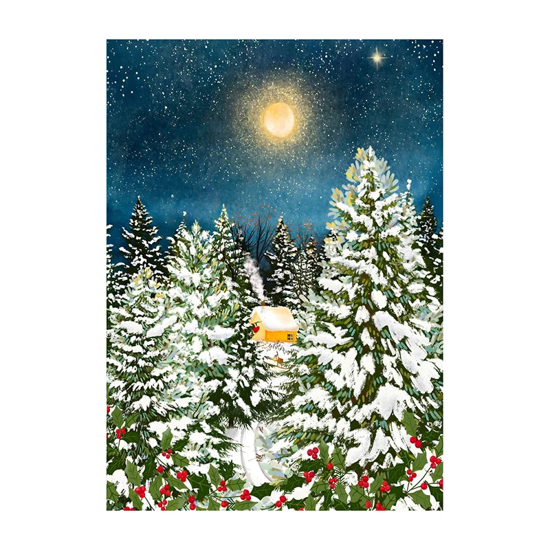 Festive Christmas scene with snow-covered trees and a glowing moon.