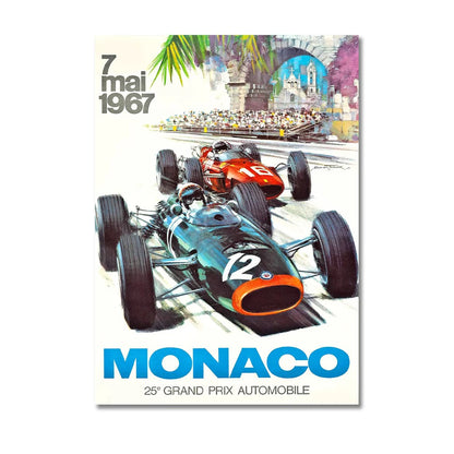 Vintage poster of a Monaco Grand Prix with two racing cars on a white background
