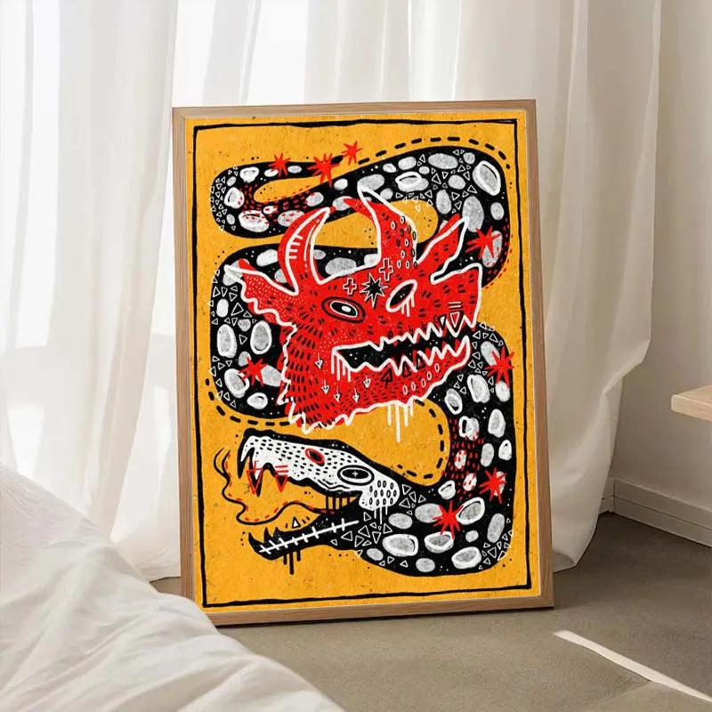 Colorful abstract artwork with a dragon design on a yellow background, framed in a minimalistic setting.