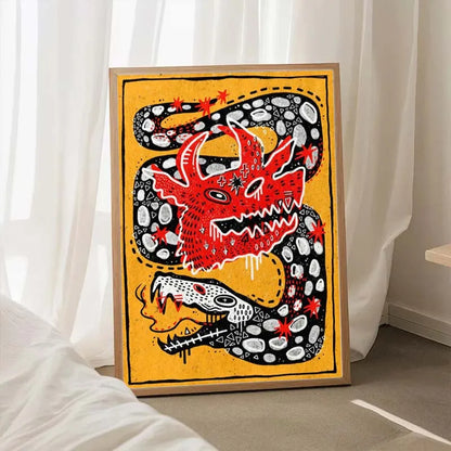 Colorful abstract artwork with a dragon design on a yellow background, framed in a minimalistic setting.