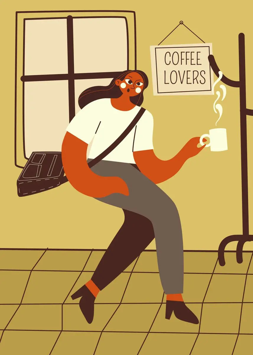 Illustration of a person sitting on a bench with a coffee cup, holding a sign that says 'Coffee Lovers'.