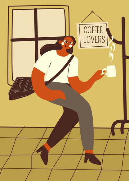 Illustration of a person sitting on a bench with a coffee cup, holding a sign that says 'Coffee Lovers'.