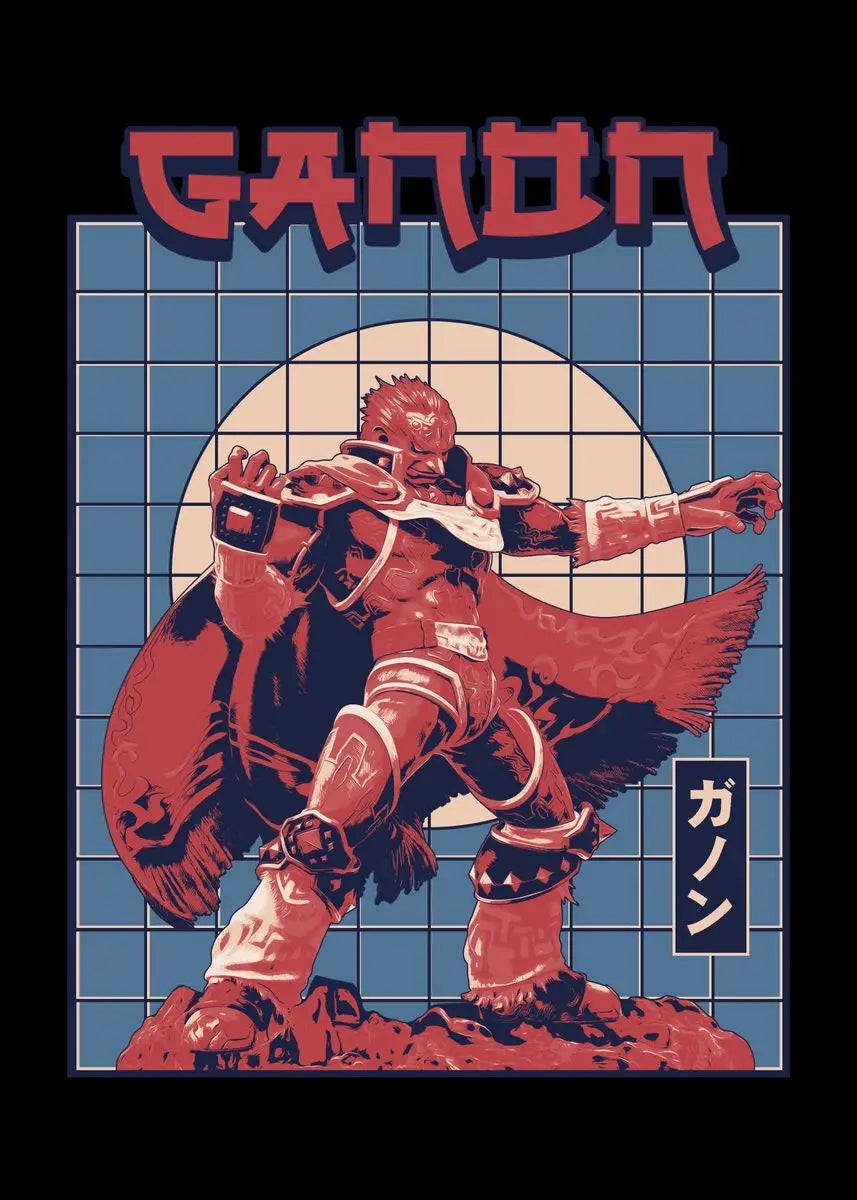 Character in red armor with 'Ganon' text and Japanese characters on a tiled background