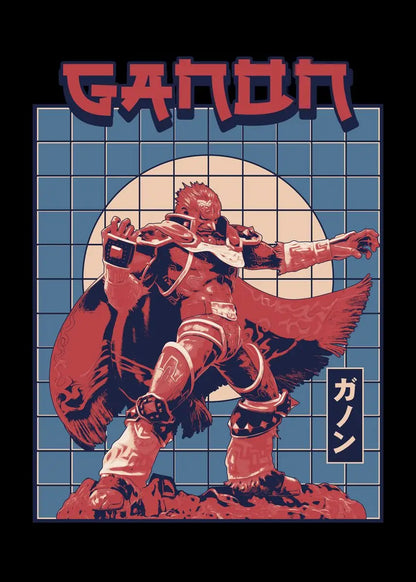 Character in red armor with 'Ganon' text and Japanese characters on a tiled background