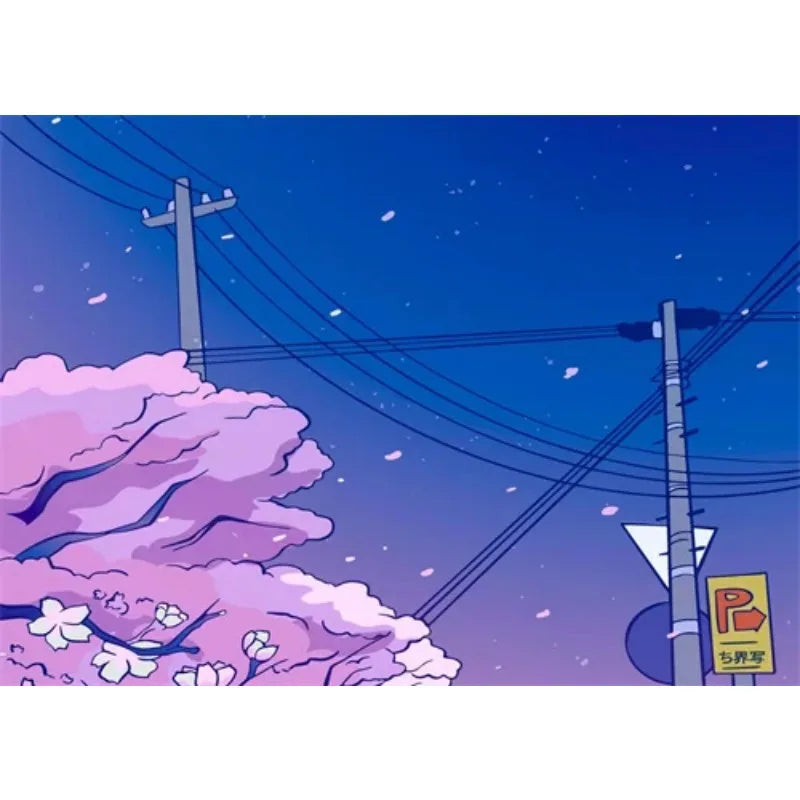 Anime-style street scene with cherry blossom tree, power lines, and parking sign under a starry sky.