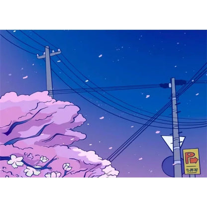 Anime-style street scene with cherry blossom tree, power lines, and parking sign under a starry sky.