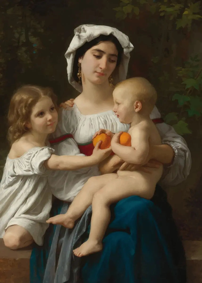 Woman holding two children with a dark background