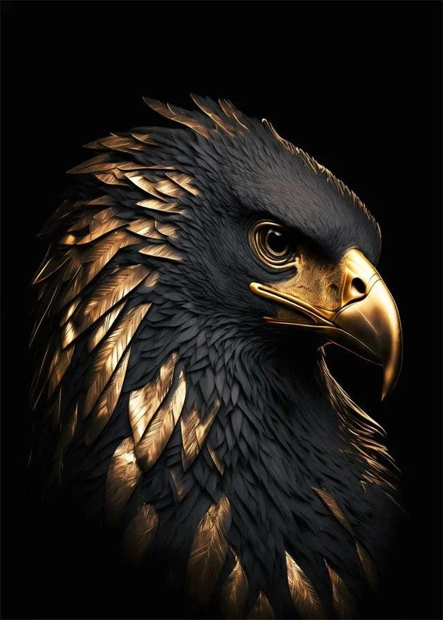 Close-up of an eagle's head with detailed feathers on a black background