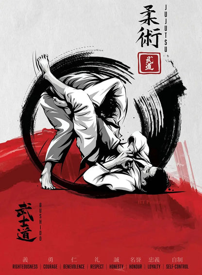 Illustration of a judo throw with martial arts philosophy text on a red and gray background