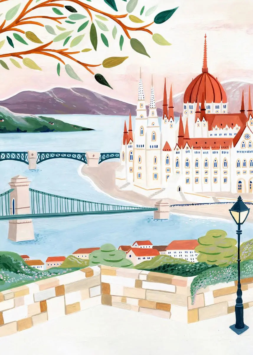 Illustration of a castle with a bridge and scenic landscape