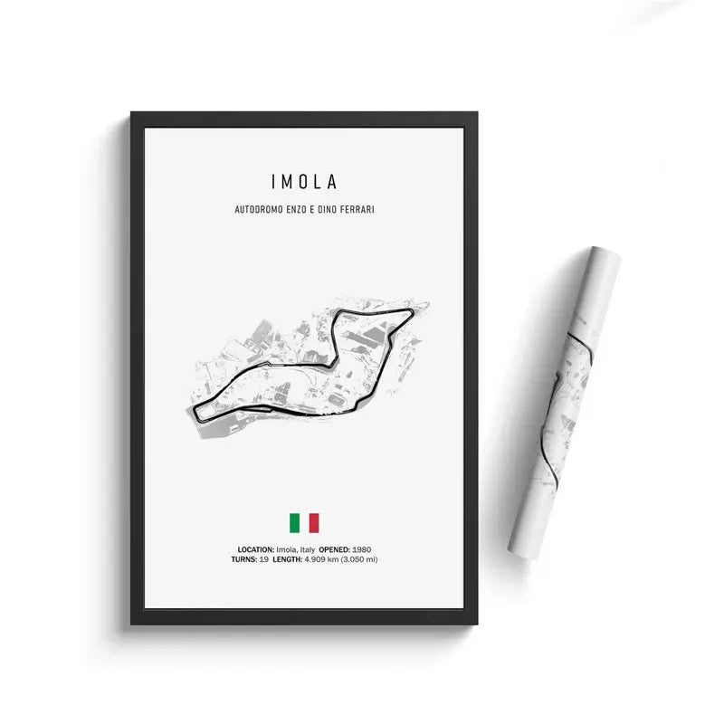 Framed poster of Imola race track layout with a pen on a white background