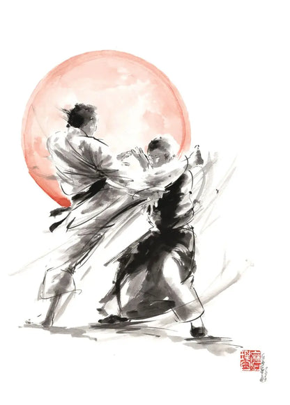 Artistic depiction of two figures in a martial arts pose with a pink sphere in the background.