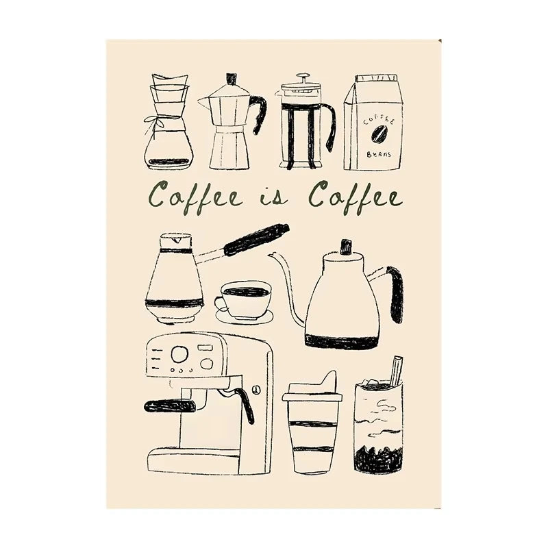 Illustrations of coffee-making equipment and a carton labeled 'Coffee is Coffee' on a beige background.